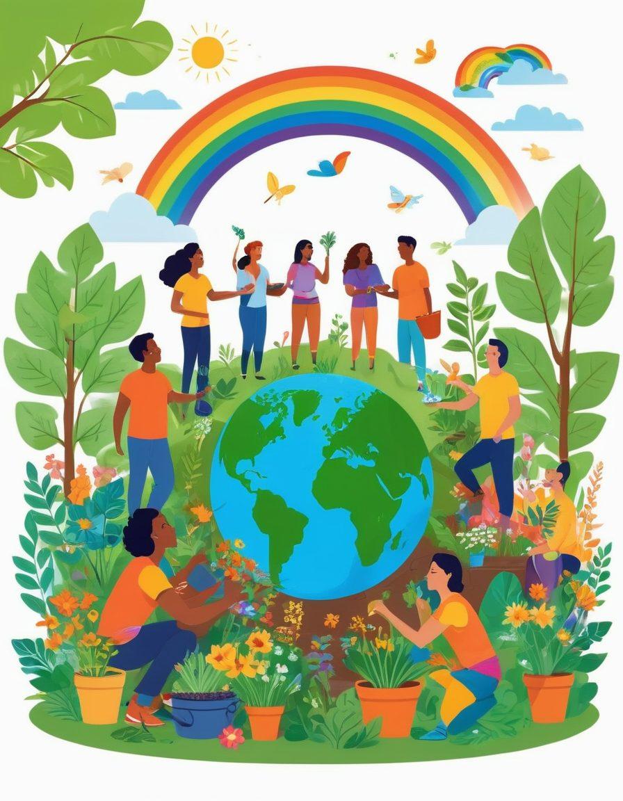 A vibrant illustration showcasing a diverse group of LGBTQ+ individuals joyfully engaging in eco-friendly activities, such as gardening, recycling, and using solar panels. The background features a lush, green landscape with symbols of social justice like rainbow flags and earth-friendly motifs. The image conveys a sense of community, resilience, and harmony with nature. Bright, uplifting colors enhance the atmosphere of positivity and commitment to sustainability. vector art. vibrant colors. white background.