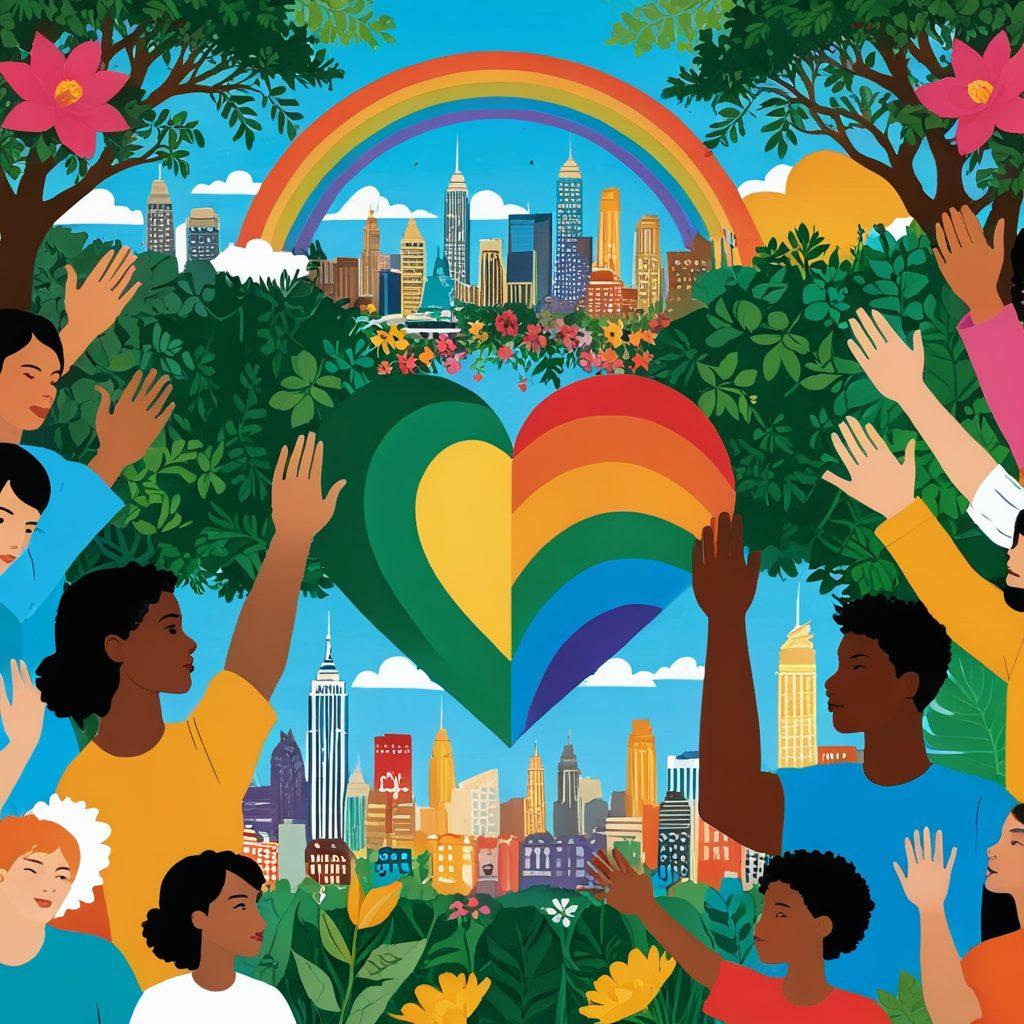 A vibrant collage illustrating the synergy between eco-activism and LGBTQ+ rights. Show diverse individuals of different ethnicities holding banners with eco-friendly messages, surrounded by lush greenery and colorful flowers. Incorporate rainbow motifs and symbols of unity, such as interlocking hands or hearts. The background should feature a city skyline merging with nature, representing the balance between urban life and the environment. vivid colors. super-realistic. dynamic composition.